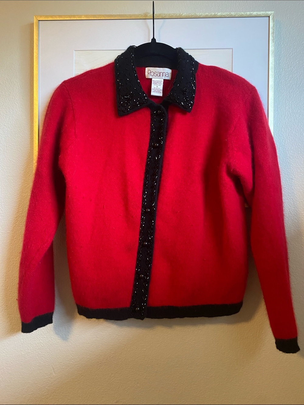 Rosanna Red Cardigan with Black Trim and Beaded Collar, Sz M (fits small)